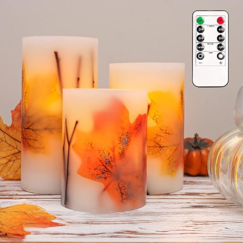 Crystal Club Fall Flameless Candles, Battery-Operated Fall LED Candles with Remote and Timer, Autumn Theme Pillar Candle Embedded with Maple Leaves for Fall Party Decorations, Holiday Décor