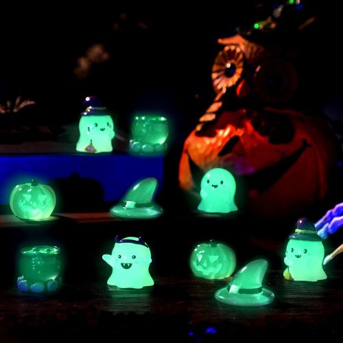 48 Pcs Halloween Mini Luminous Resin Figurines Halloween Ghost Miniature Figurine Glow in The Dark Pumpkin Hat Bat Fairy Figurine Halloween Garden Micro Landscape for Party Bonsai Outdoor Indoor Decor