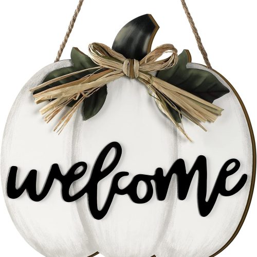 Jetec Fall Decor Pumpkin Welcome Sign Thanksgiving Door Hanger Wooden Pumpkin Decor Hanging Porch Sign for Autumn Harvest Thanksgiving Farmhouse Wall Decoration(White)