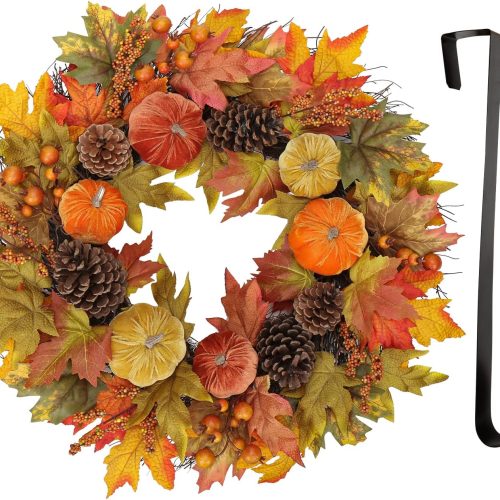 Fall Wreaths for Front Door 26'' Autumn Velvet Pumpkin Wreath with Metal Hook Large Harvest Maple Wreath Fall Decoration for Home Halloween Thanksgiving Decoration, Briful