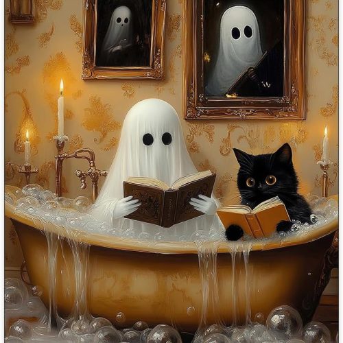 Vintage Halloween Wall Art Ghost Black Cat Reading Book in Bathtub Print Dark Academia Decor Poster Gothic Spooky Pictures for Home Living Room Bedroom Bathroom 12X16inch Unframed