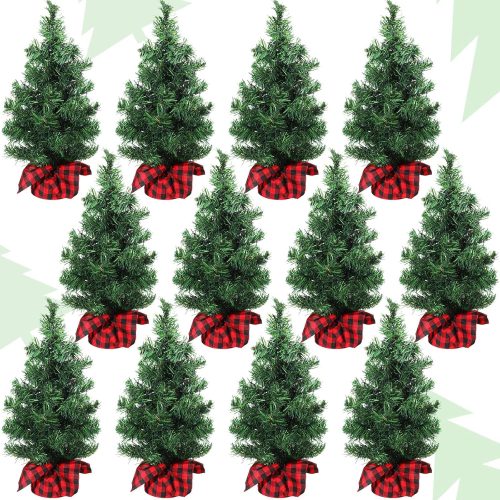 Ceenna 12 Pcs Mini Artificial Christmas Tree Unlit Fake Christmas Tabletop Decorative Xmas Fake Pine Tree Decor with Base for Table Decorations (15.75 Inch)