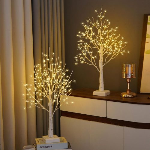 White LED Birch Tree with 144 Warm White Lights, 24 inch Tabletop Christmas Tree Decor, USB/Battery Powered Timer, 2 Pack for Indoor Holiday Party