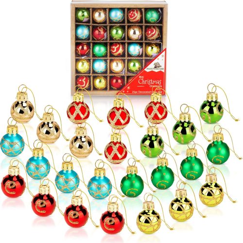 1 Inch Mini Vintage Multi Color Glass Ball Christmas Ornaments Set of 25 Balls | Miniature Christmas Tree Ornaments | Rustic Christmas Decorations | Mini Christmas Tree Decorations for Small Trees