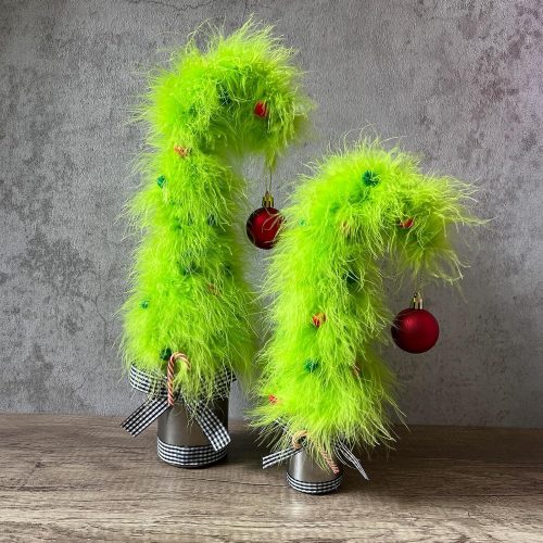 Grinchmas Christmas Decorations, 2Pcs Mini Green Christmas Trees with Grinchmas Plush Fur Surface, Christmas Decor for Home Shelf Cabinet Table, Home Display, Tabletop