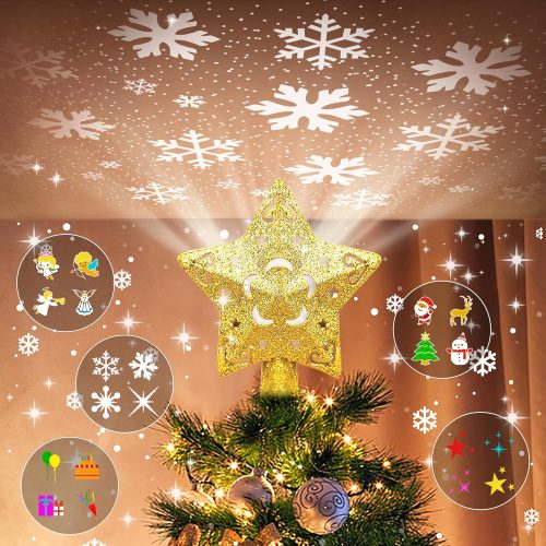 Christmas Tree Topper Lighted with 5 Projection Modes, Christmas Star Tree Topper Built-in LED Rotating Lights, Gold 3D Glitter Dynamic Projection for Christmas Tree Decorations