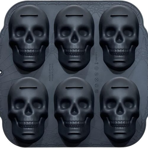 Skull Cake Pan Silicone Mold, Skull Ice, Pirate Baking Pan For Baking, For Halloween, Birthday Party, Ice Cube Tray (6 Cavity Large Mold)