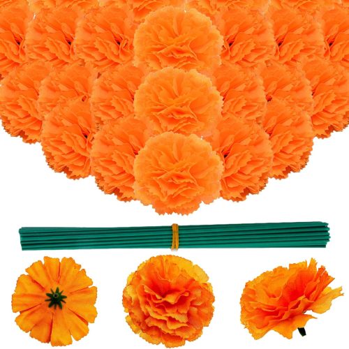 CT0906ZRA2391GT_1 100Pcs Bulk Silk Artificial Orange Marigold Flowers Heads with Stems for Day of Dead, Halloween, Diwali Garland Wreath Home Party Decor