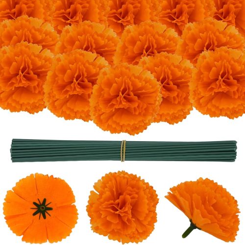 50 Pcs Marigold Silk Artificial Flowers with Stems, Mexican Flowers Decoration for Diwali, Day of The Dead Wreath Garland, Christmas New Year Wedding Party Altar Decor