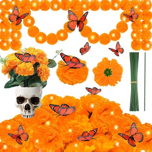 45pcs Day of The Dead Decorations Set, Include 2pcs Artificial Marigold Garland, 30pcs Fake Marigold Flowers with Stems, 12pcs Monarch Butterfly Decorations for Dia De Los Muertos Diwali Decor, Orange