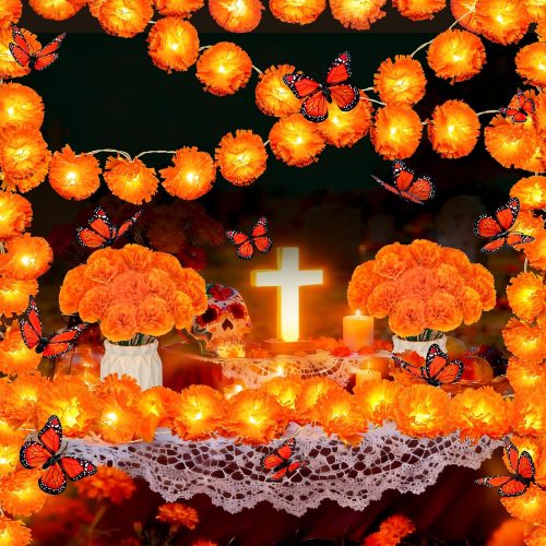 43 Pcs Day of The Dead Decorations, 10 Ft 20 LED Marigold Garland, 30 Artificial Marigold Flowers, 12 Butterfly for Dia De Los Muertos Decorations Diwali Indian Altar Halloween Party