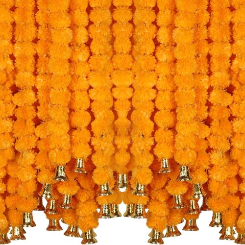 Marubhumi 5-PC Artificial Marigold Flower Garland – 4.5 Feet Long Strands with Bells | Mango Color | Diwali, Wedding, Home, and Christmas Décor