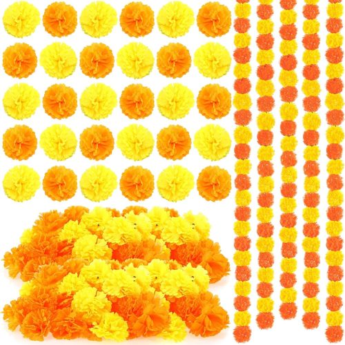 Yunsailing 65 Pcs Day of The Dead Decorations 5 Pcs 5 ft Artificial Marigold Garland 60 Faux Marigold Flower Heads Plastic Indian Garland Silk Indian Flowers for Dia De Los Muertos Diwali Orange