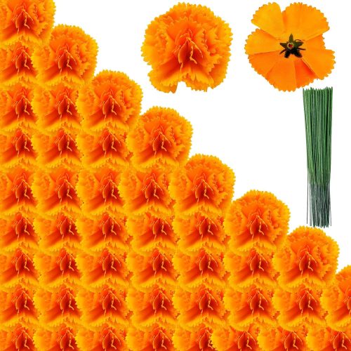 60 Pcs Artificial Marigold Flowers with Stems, Silk Marigold Artificial Flowers Heads for Diwali DIY Garlands Crafts Day of The Dead Decoration (Orange)