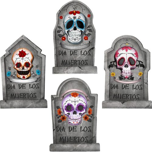 Halloween Decorations Outdoor Graveyard Tombstones: 4ct Large Tombstone Halloween Decor, Dia De Los Muertos Yard Signs with Stakes, Skeleton Gravestones Day of The Dead Decorations, Yard Lawn Outside