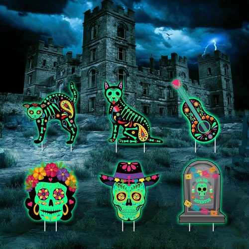 6Pcs Day of the Dead Yard Signs Decorations Glow in the Dark Halloween Outdoor Yard Signs Scary Fluorescence Skeleton Cat Lawn Signs with Stakes for Mexican Fiesta Halloween Party Supplies Lawn Decor