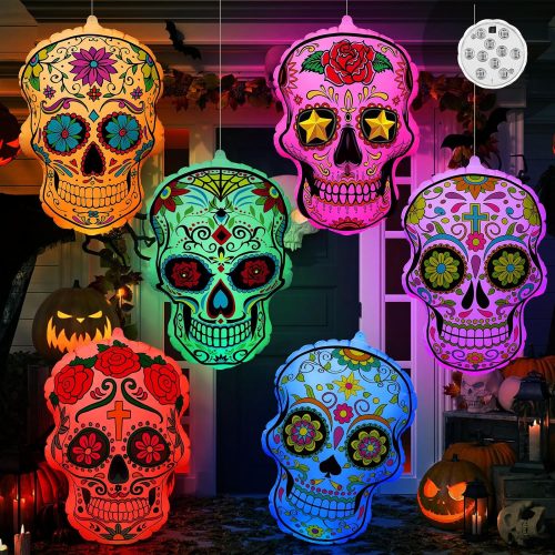 Jetec 6 Pcs 24 Inch Halloween Inflatable Sugar Skull Halloween Inflatable Blow Up Decorations Dia De Los Muertos Day of The Dead PVC Giant Sugar Skulls with LED Light for Mexican Fiesta Party Yard