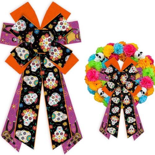 Threetols Large Day of The Dead Bow for Wreath, Sugar Skull Flower Wreath Bows Mexican Dia De Los Meurtos Orange Purple Black Bows for Front Door, Halloween Tree Bows for Mexican Ofrenda Party Supply