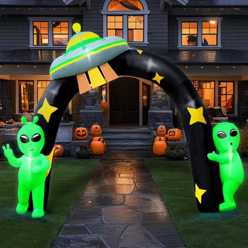 Kitticcino Halloween Inflatables Archway 8FT Alien Inflatable Blow Up Halloween Yard Decoration with Built-in LED Lights Alien UFO Design Blow Up Arch Indoor Outdoor Home Lawn Garden Yard Party Decor