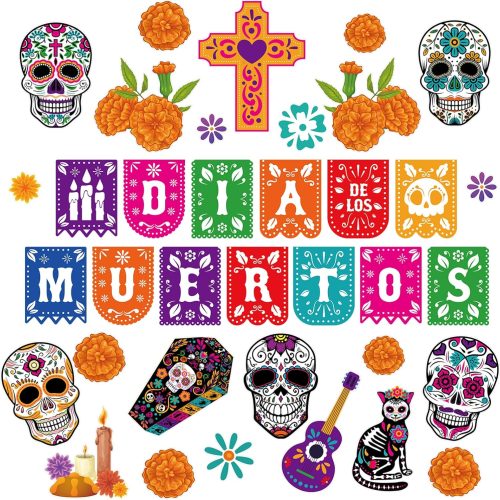 HOWAF 36 PCS Day of The Dead Bulletin Board Decorations, Dia De Los Muertos Mexican Paper Cutouts Bulletin Board Stickers with Glue for Classroom School Party Supplies Skull Cat Chrysanthemum Cutouts