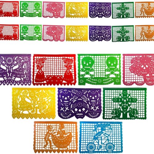 Paper Full of Wishes Day of the Dead Papel Picado Banner – 2 Pack, Regular Size Plastic, Dia de Los Muertos Decorations, Each Banner 14ft with 9 Panels, Over 28ft Total Hanging Length