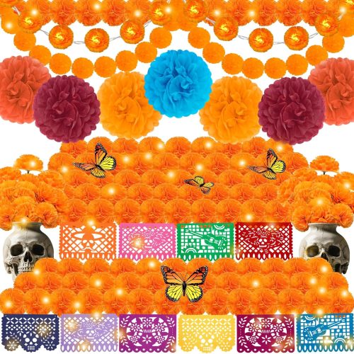 147 PCS Day of The Dead Decorations Set,10 Mexican Party Banner Papel Picado,4 Artificial Marigold Garland,50 Marigold Flowers with Stem,24 Butterfly for Dia De Los Muertos Indian Diwali Altar Decor