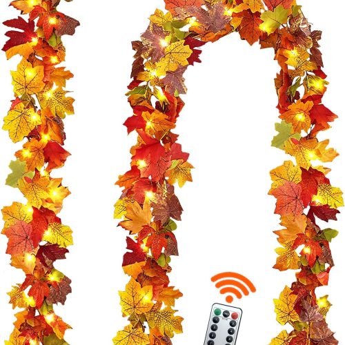 Fall Garland Maple Leaf with Lights, 2 Pack 5.7Ft/Piece Leaf Garland with Remote Control, Timer, 8 Light Modes, Fall Decorations for Home, Autumn Decor for Thanksgiving Halloween Indoor Outdoor