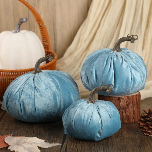 3 Pcs Assorted Sizes Velvet Blue Artificial Pumpkins Blue Faux Decorative Pumpkins Harvest Fall Decoration for Farmhouse Fall Halloween Thanksgiving Mantel Table Decor