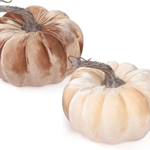 2pcs Velvet Fake Pumpkins Fall Harvest Fabric Foam Pumpkin Thanksgiving Halloween Decor for Table Centerpiece Wedding Farmhouse (2, Beige Coffee, M)