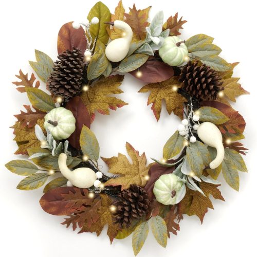 DecorbyHannah Fall Wreaths for Front Door, Collapsible Thanksgiving Wreaths for Front Door, 22 inch Pre-Lit Fall Wreath with Green White Pumkin and Pinecone for Harvest Home Wall Indoor Outdoor Decor