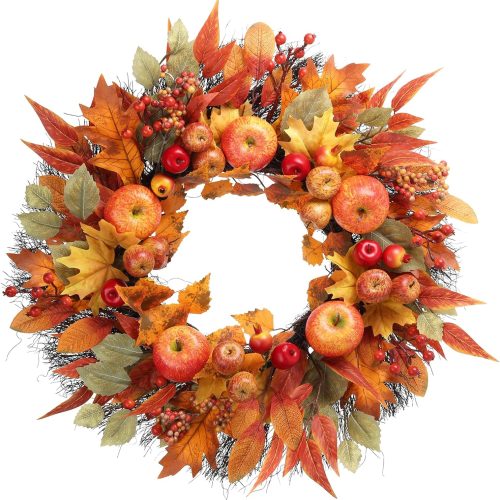 Fall Wreaths for Front Door .22"-24" Autumn Harvest Festival Wreath with Realistic Apples, Berries, Pomegranates & Maple Leaves - Seasonal Thanksgiving & Fall Decor