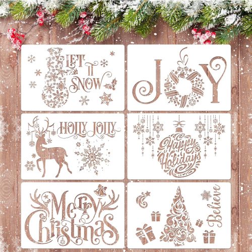 Whaline 6Pcs Christmas Stencils Template - Reusable Plastic Craft Xmas Painting Drawing Stencils Plastic Words Templates DIY Art Craft Home Decor, Merry Christmas Tree Deer Snowflake Gift (White