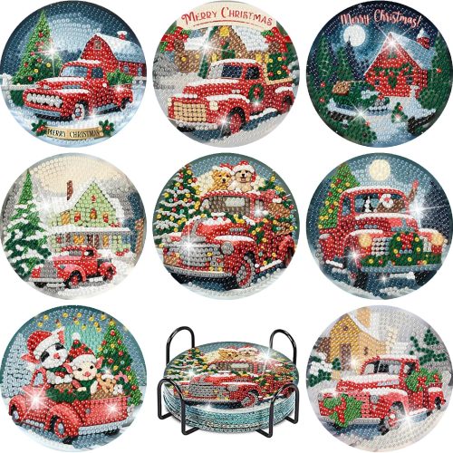8 Pcs Christmas Diamond Art Coasters Kits with Holder, Red Truck Diamond Painting Coasters Kits for Adults, DIY 5D Full Round Drill Small Mini Art Craft Supplies 4X4 Inch