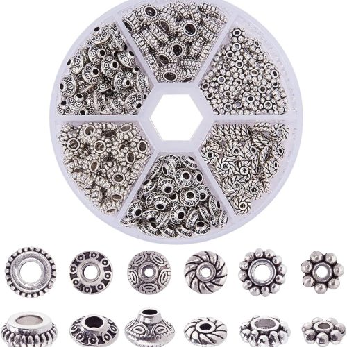 PH PandaHall 300pcs 6 Style Antique Silver Spacer Beads, Tibetan Metal Alloy Tube Spacers Flower Flat Rondelle Small Loose Beads for Bracelet Necklace Earring Jewelry Making Supplies