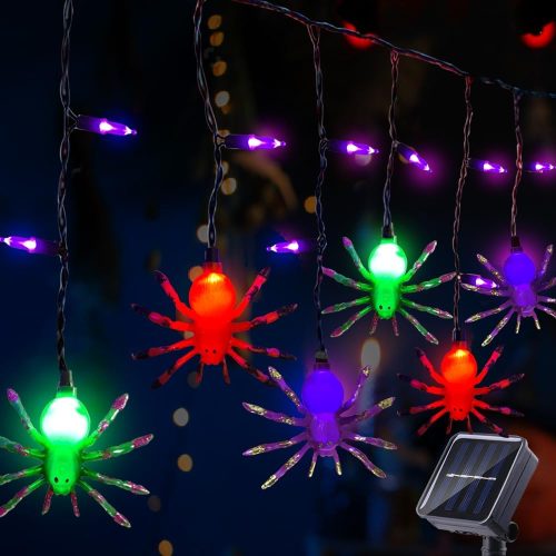 Solar Halloween Spider String Lights, 12FT Decorations With 10 Spiders and 15 Purple Mini Lights, Curtain for Outdoor Window Patio Stair Decor