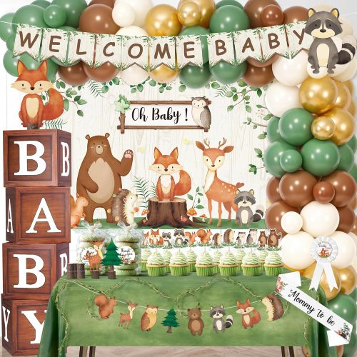 187pcs Woodland Baby Shower Decorations Safari Baby Shower Decorations for Gender Neutral Celebration with Balloon Garlands,Welcome Baby Banner, Baby Boxes and Tabletop Decor