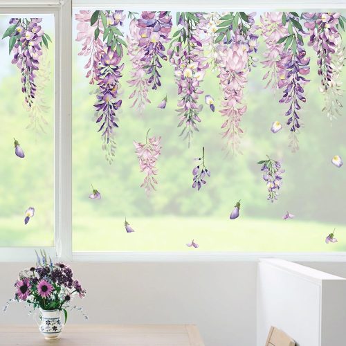 wondever Summer Purple Flower Window Clings Hanging Vine Wisteria Floral Leaf Glass Sticker Decal Anti Collision Double-Side Static Window Decals for Home Glass