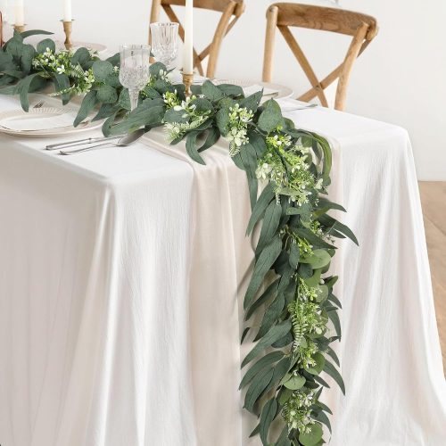 Dremisland Eucalyptus Garland with Long Willow Leaves 2 Packs 5.9Ft Silver Dollar Boston Fern Greenery Garland White Flowers Eucalyptus Vines for Wedding Party Mantle Table Runner Home Decor (2PCS)