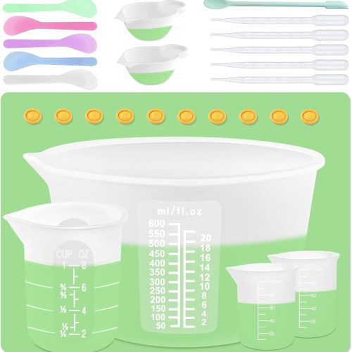 Silicone Measuring Cups Kit for Resin, Epoxy Supplies Set with 600ml, 250ml & 100ml Silicone Cups, Reusable Resin Supplies Cups with Silicone Mat, Stir Sticks, Mixing Cups for Molds Arts, Crafts