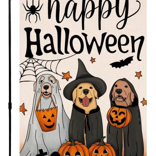 Happy Halloween Dog Pumpkin Garden Flag 12x18 Double Sided for Outside,Golden Retriever Fall Autumn Witch Hat Small Burlap Yard Flag for Outdoor Holiday Home Decor