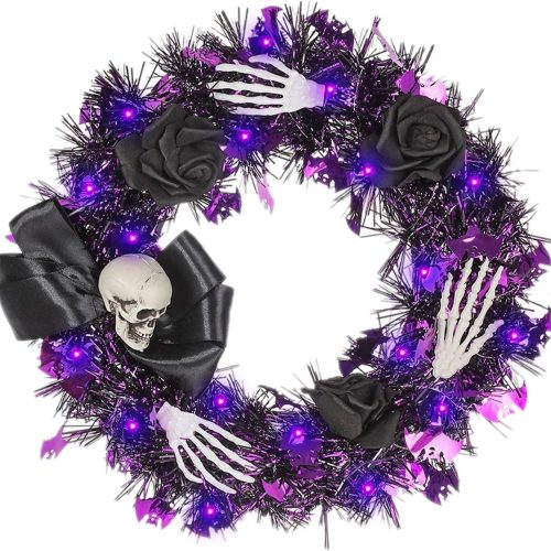Halloween Wreath for Front Door with Lights,13 Inch Skull and Black Rose Wreath Halloween Decorations for Indoor Window Party Holiday Wall Home Decor (Black Rose)