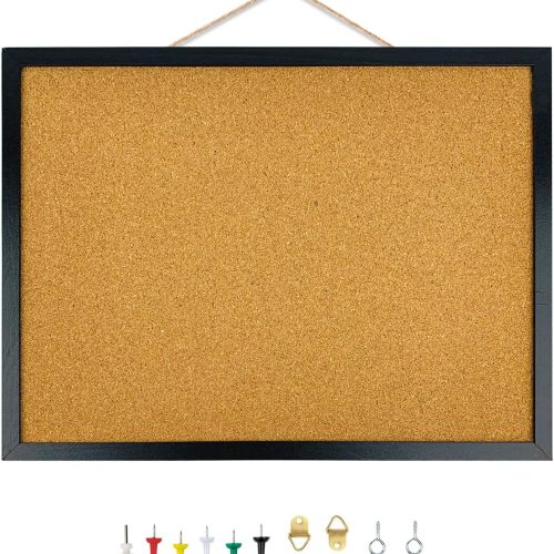 Black Cork Bulletin Board, 15.7 X 12 Inches with Oak Wood Finish Frame, Wall Mounted for Office Home and School(Pins, Eye Bolts, gaskets, Screws)