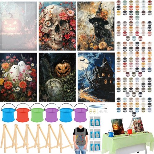 Gersoniel 6 Sets Halloween Paint by Numbers Kit for Adults, 16x12 Inch Ghost Pumpkin Sip and Paint for Beginners, Pre Drawn Oil Painting on Canvas, DIY Painting Kit Bulk Gifts for Halloween