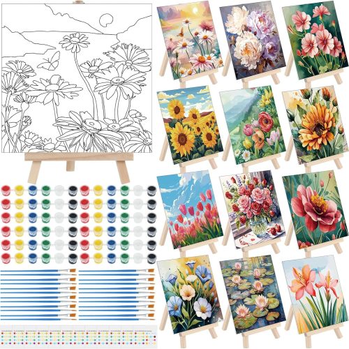 Tenceur 12 Sets Pre Drawn Canvas to Paint Kid Adult Stretched Coloring Painting Canvas Panels with Design Easel and Brushes for Party Supplies Beginner Favor(Flower)