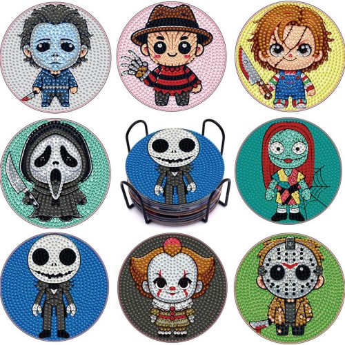 8 PCS Halloween Diamond Art Coasters Kits, Diamond Painting Coasters with Holder Set of 8, DIY Drink Coasters Art Crafts Supplies for Adults Cup Mat for Home Decor House Warming Gifts Non-Slip