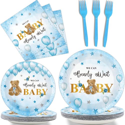 Tevxj 96PCS Bear Baby Shower Tableware Set We Can Bearly Wait Dessert Plates Bear Balloon Star Party Plates Napkins Forks for Boys Girl Gender Reveal Baby Shower Party Decorations supplies 24 guests