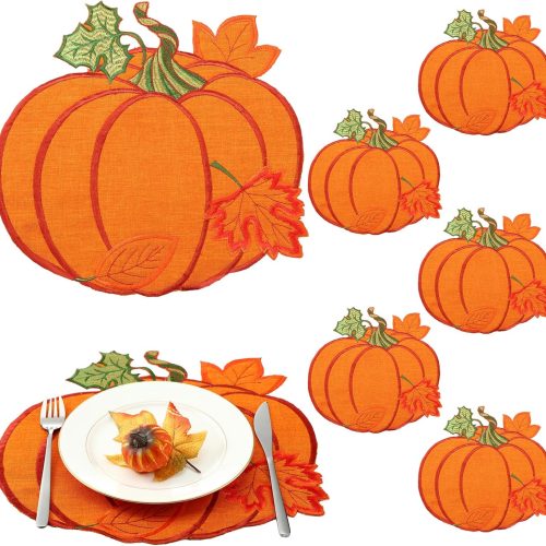 Yingzhao 6 Pcs Fall Pumpkin Placemats Autumn Thanksgiving Harvest Orange Table Placemats Embroidered 14'' Round Decorative Placemats for Holiday Party Kitchen Dinning Table Decorations