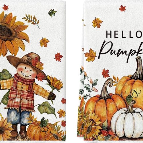 Artoid Mode Scarecrow Pumpkin Fall Kitchen Towels Dish Towels, 18x26 Inch Farmhouse Sunflower Autumn Decoration Hand Towels Set of 2