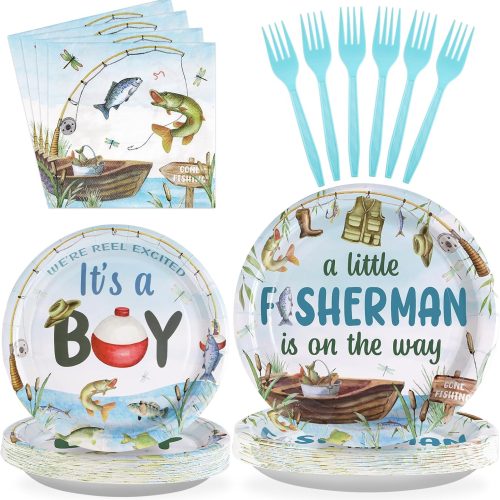 96 Pcs Fishing Baby Shower Party Decorations for Boy Gone Fishing Plates and Napkins A Little Fisherman is on The Way Party Decorations for Boys O Fishally 1st Birthday Favors Serves 24