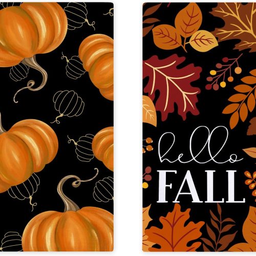 Fall Thanksgiving Pumpkin Kitchen Dish Towels Set of 2, Autumn Maple Leaves Absorbent Dish Cloths for Washing and Drying Dishes, Hand Towels for Bathroom, Tea Towels for Kitchen, 18x26